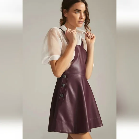 Anthropologie Maeve Faux Leather Pinafore Dress Plum Side Buttons Back Bow Sz XS - Picture 6 of 16